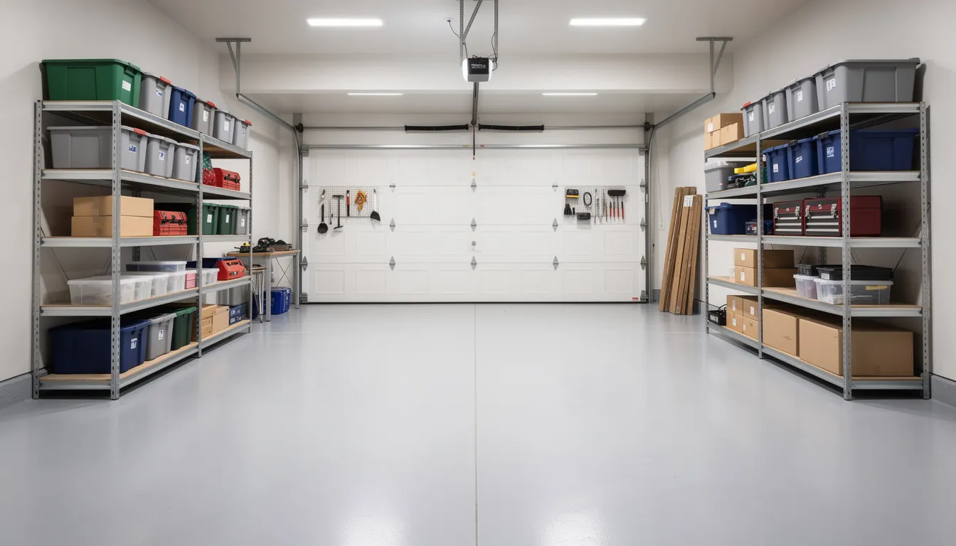 The image shows a spacious and organized garage with a clean concrete floor and neatly arranged storage shelves along the walls, providing a clutter-free environment ideal for homeowners. This setup reflects the efficiency of junk removal services, emphasizing responsible disposal practices for unwanted items.