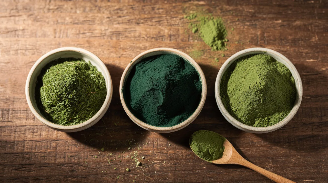 Auf einer Holzoberfläche sind verschiedene grüne Superfoods wie Spirulina, Gerstengras und Matcha in kleinen Schalen angeordnet. Diese Produkte, die oft als Nahrungsergänzungsmittel verwendet werden, sind bekannt für ihre positiven Wirkungen auf das Wohlbefinden und die Vitalität.