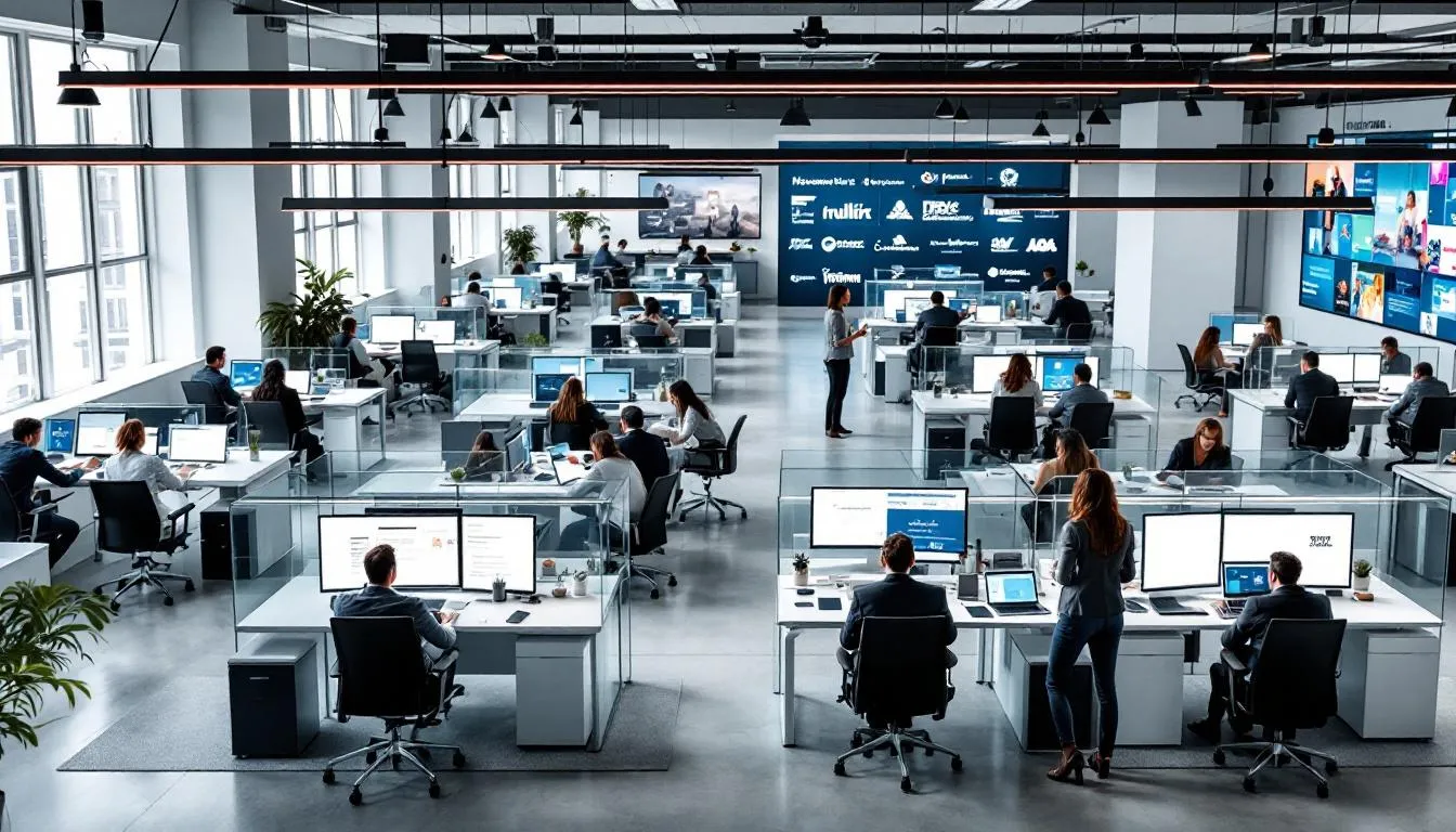 The image showcases a diverse group of professionals at an advertising agency collaborating on creative strategies for ad campaigns. They are engaged in discussions about media planning, market research, and digital marketing, emphasizing the importance of fresh ideas and innovative branding to drive sales and engage target audiences.