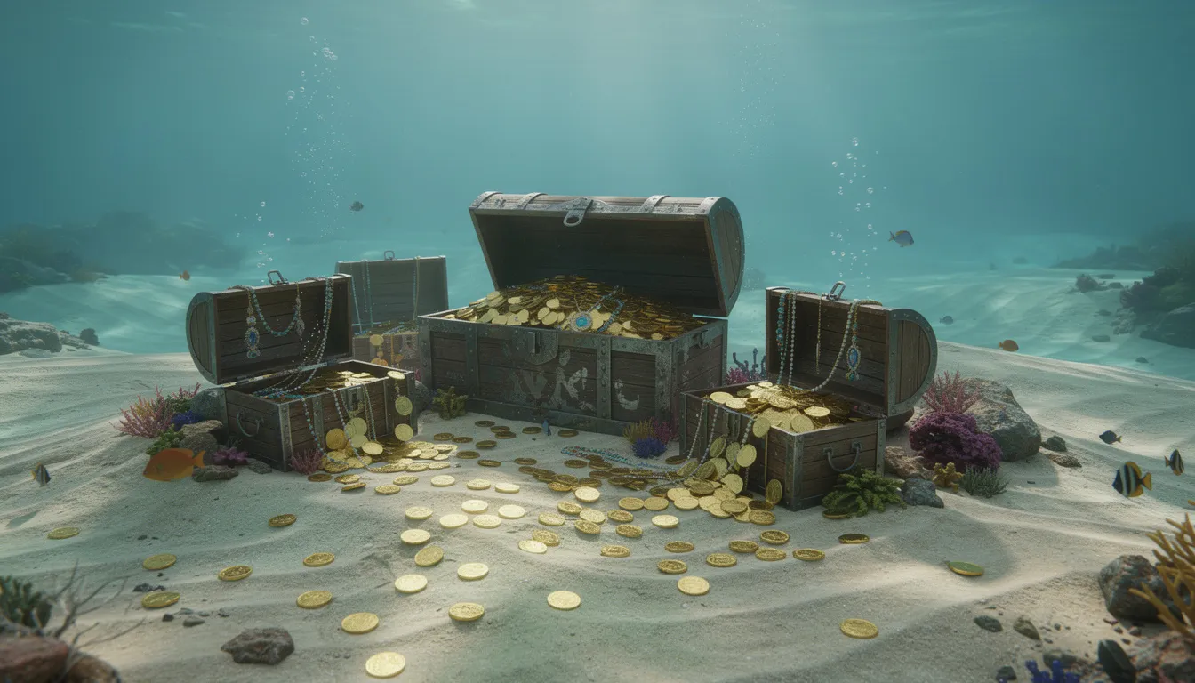 En undervattensscen med en sandig havsbotten där skattkistor och gyllene mynt är spridda, vilket skapar en känsla av äventyr och rikedom. Denna bild fångar mystiken i havet, perfekt för spelare som söker spänning hos Ahti Games.