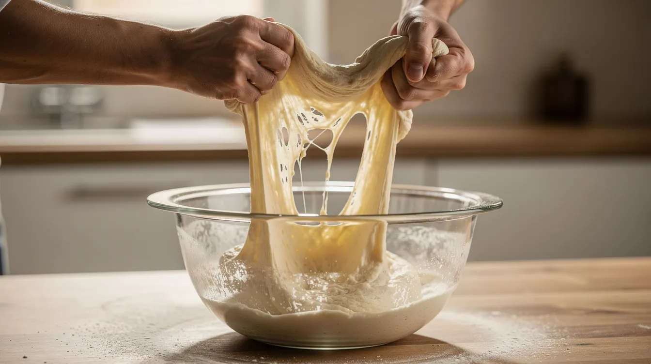 A pair of hands is stretching a piece of wet sourdough bread dough upward from a clear glass bowl, showcasing its elastic texture and the process of shaping bread dough. The image captures the tactile experience of working with homemade sourdough bread, emphasizing the dough's pliability and readiness for baking. Sourdough Bread