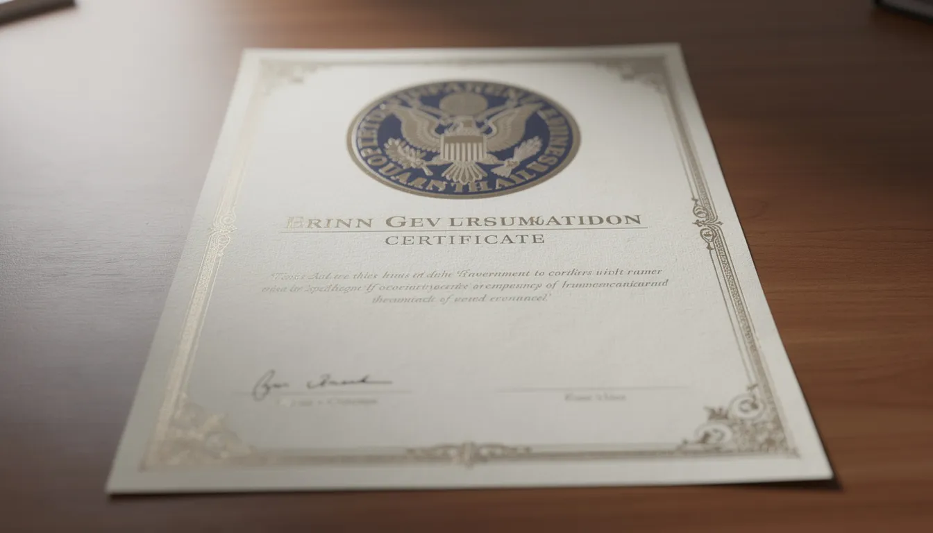 Afbeelding van een officieel uitziend overheidszegel of certificaat op papier, dat de legitimiteit van een organisatie bevestigt. Dit document kan relevant zijn voor buitenlandse casino's die voldoen aan de regelgeving van de Malta Gaming Authority en andere internationale aanbieders.