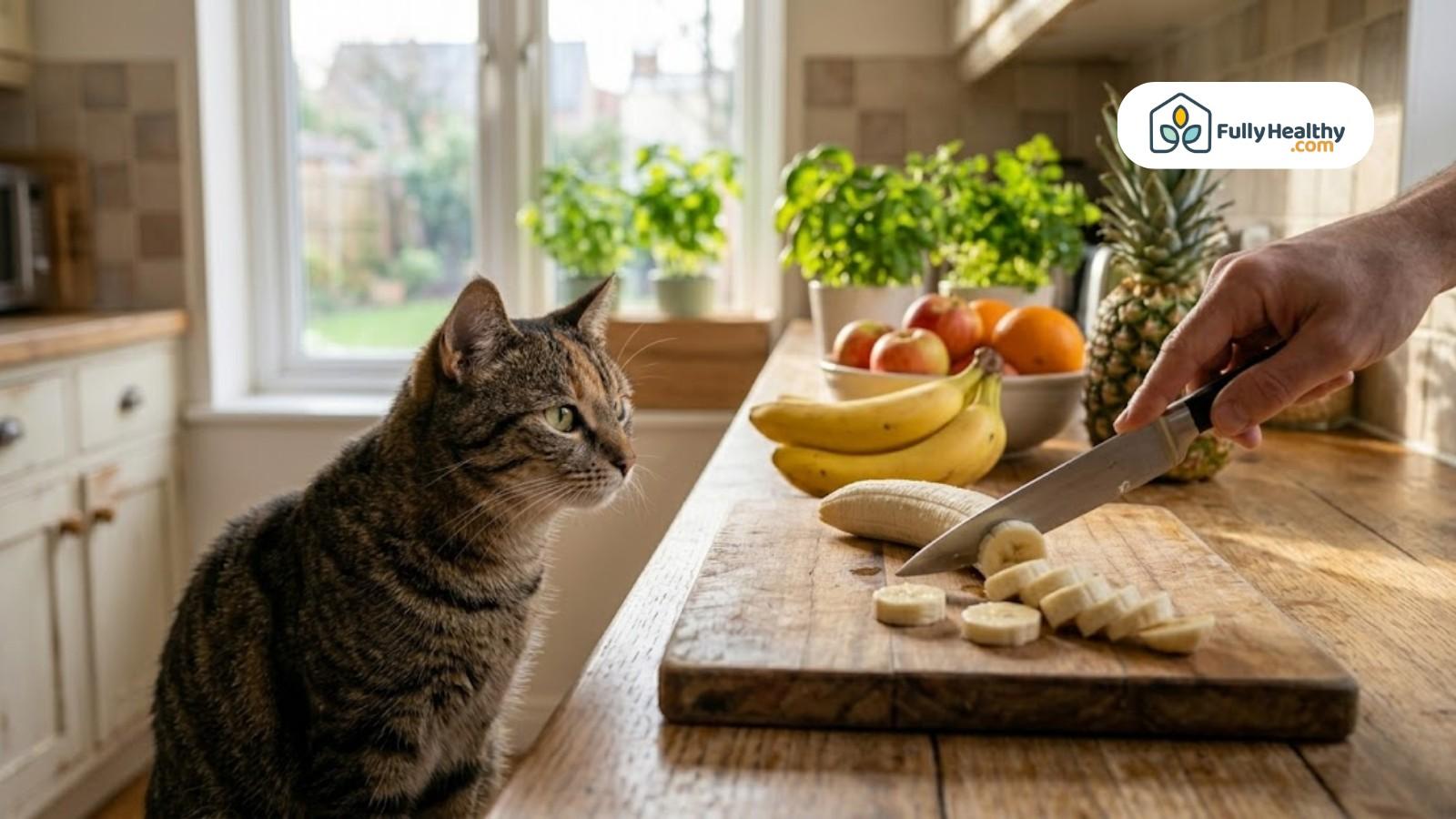 Cat observing person slicing banana on wooden board in bright kitchen