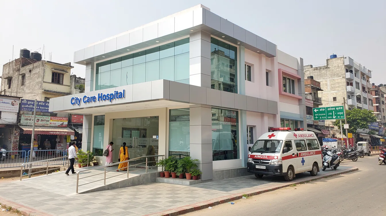 db482bbf 4a89 43f8 a86b 87b6c79db828 The image depicts the exterior of a modern small hospital building located in an Indian city, featuring a clean entrance and an ambulance bay. This hospital is designed to provide healthcare facilities, with potential for a 50 bed hospital setup, reflecting the investment in hospital infrastructure and management.