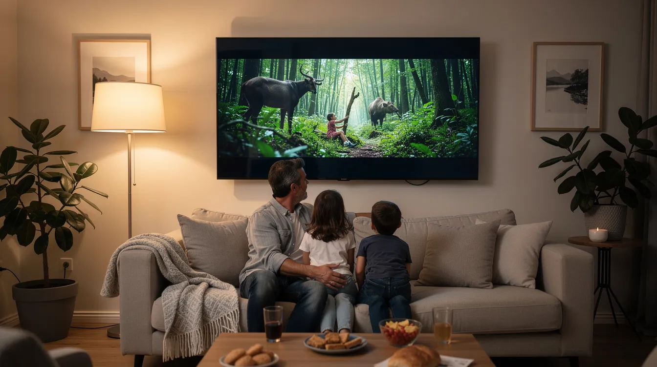 A family of four is comfortably seated on a couch, engrossed in a nature documentary displayed on a large wall-mounted smart TV. The scene captures the joy of family bonding while enjoying high-definition streaming content, showcasing the benefits of IPTV services for a rich viewing experience.