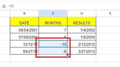 subtract months of the negative value or negative numbers