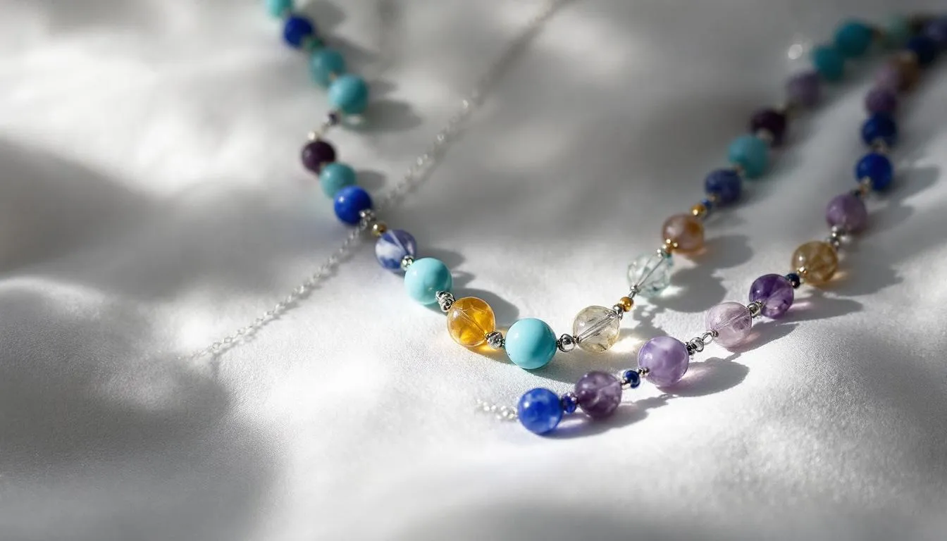 The image features a collection of elegant gemstone bead necklaces, showcasing a variety of natural gemstones such as blue howlite and agate, each exuding a lively colour. These meaningful accessories are designed to absorb negative energy and promote inner tranquility, making them a stylish addition to any jewellery collection.