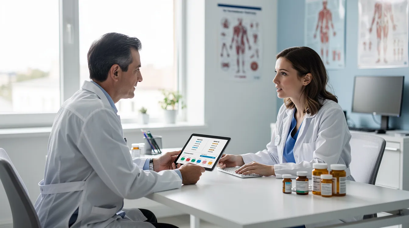 A medical professional is seated at a desk in a modern clinical office, discussing various ADHD treatment options with a patient. They review both stimulant and non-stimulant medications, focusing on managing ADHD symptoms and exploring natural alternatives to Adderall for improved brain health and cognitive function.
