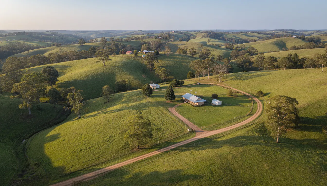 An aerial view showcases a picturesque rural lifestyle property featuring rolling green hills and scattered trees, ideal for building a dream home. This serene landscape may require consideration of various costs, such as construction costs, land prices, and building materials costs, to create a well-planned budget for potential new builds.
