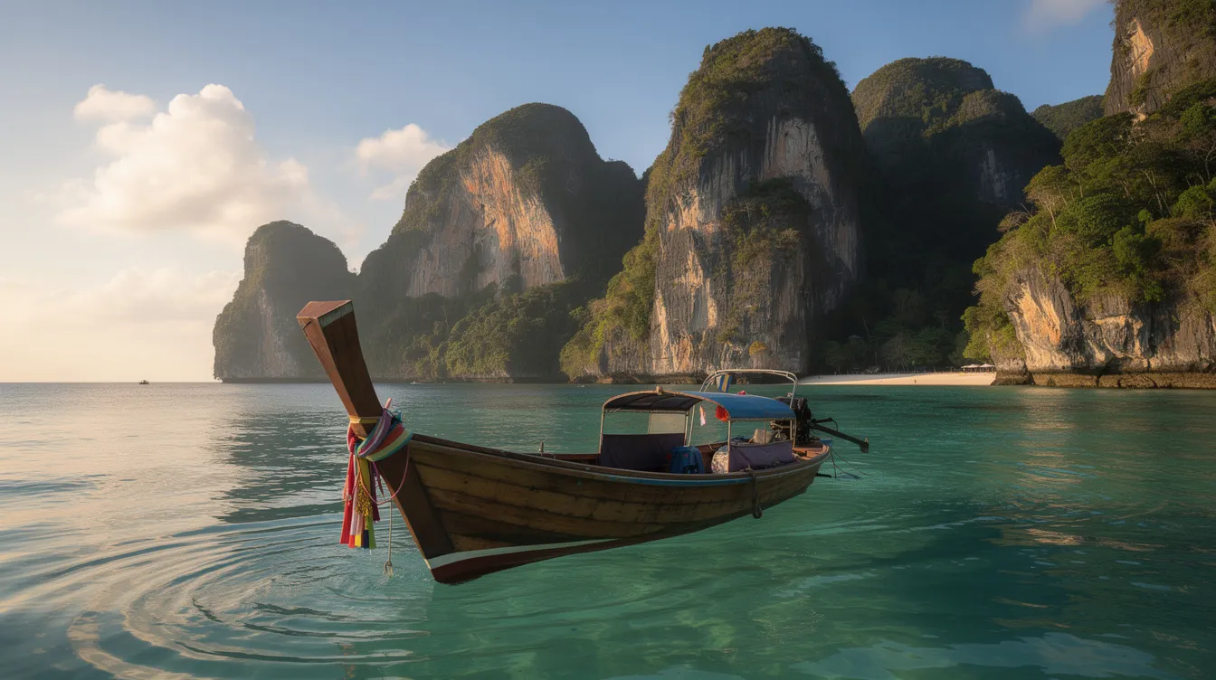 Uma embarcação ancorada nas águas cristalinas ao redor de Koh Phi Phi, com as impressionantes ilhas ao fundo, criando um cenário deslumbrante de praia e mar na Tailândia. O sol brilha intensamente, refletindo nas ondas, proporcionando uma experiência paradisíaca para os turistas que visitam a região.