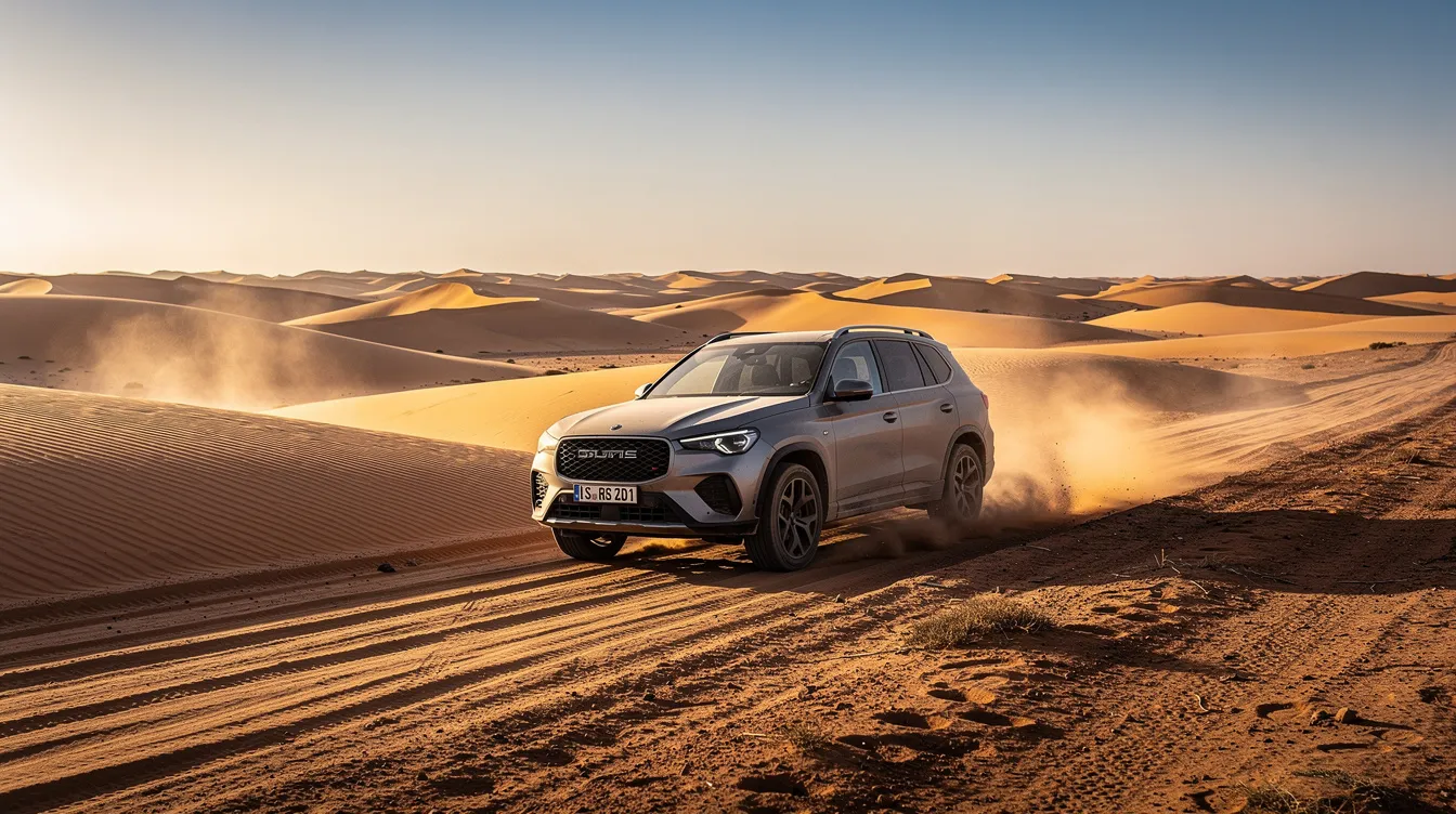 Un SUV traverse une piste désertique marocaine, entouré de majestueuses dunes de sable. Cette image évoque l'aventure et la liberté de voyager en voiture au Maroc, parfait pour ceux qui envisagent de louer une voiture pour explorer les paysages uniques du pays.