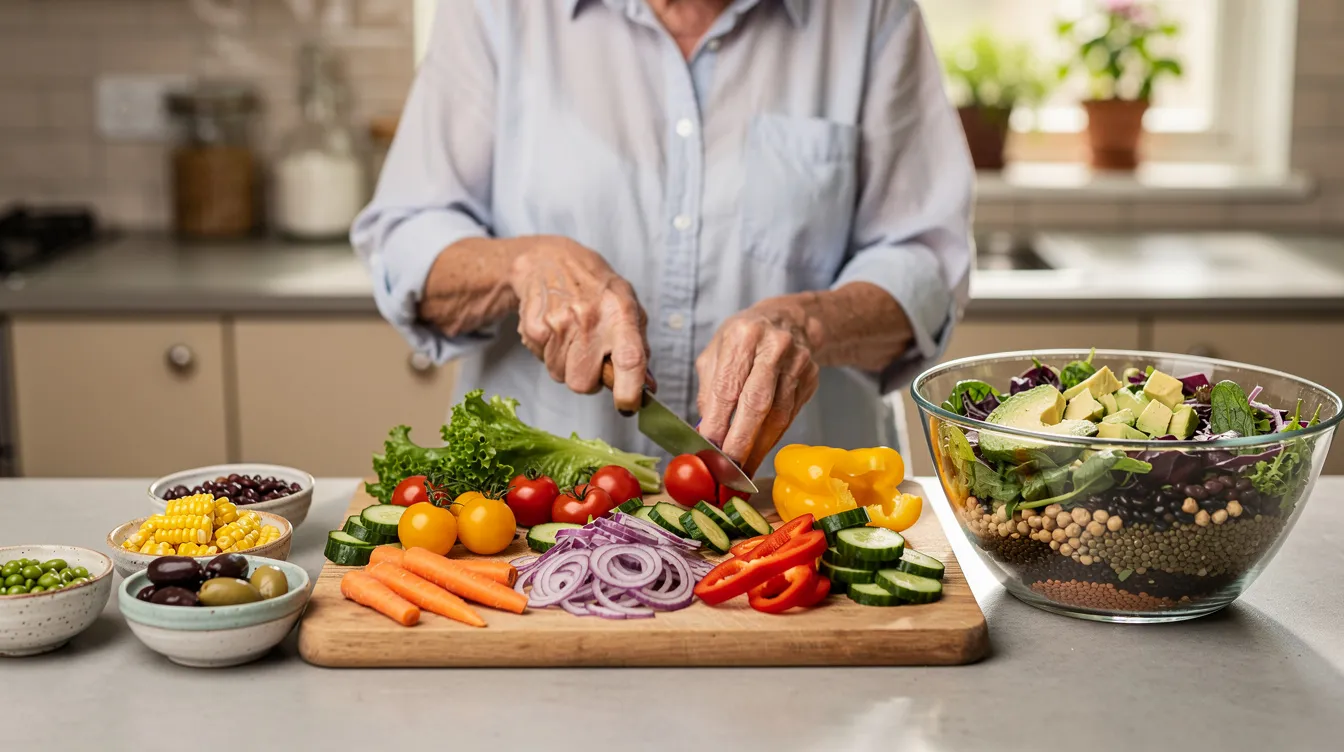 An elderly person is skillfully preparing a colorful salad, filled with a variety of fresh vegetables and legumes, which are known to support gut microbiota health and promote healthy aging. This vibrant dish showcases the importance of a balanced diet rich in nutrients that can benefit digestion and overall well-being.