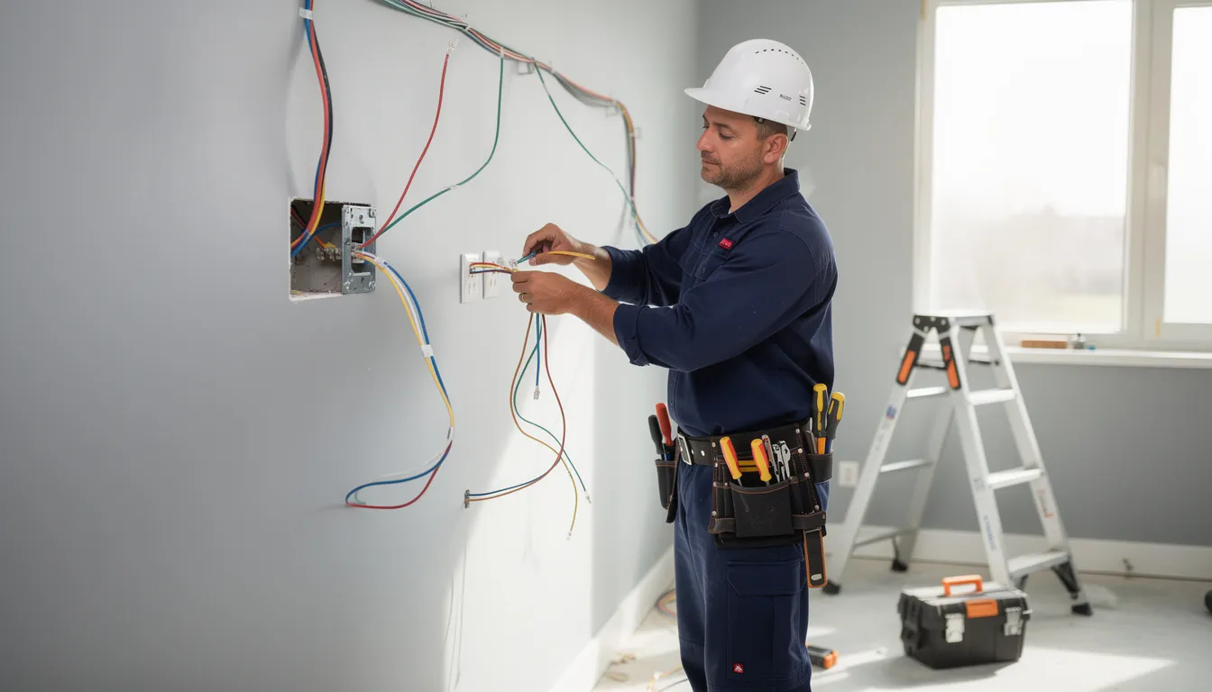 A licensed electrician is seen working on the electrical wiring installation in a residential setting, ensuring compliance with local electrical codes for optimal performance of the home's electrical system. The electrician focuses on proper wiring techniques to meet the electrical requirements for a new sauna installation, including the use of dedicated circuits and safety features like ground fault circuit interrupters.