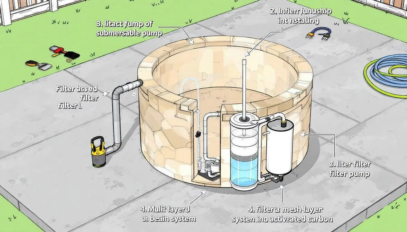 The image depicts a step-by-step assembly guide for a pet water fountain, highlighting the installation of the pump and the placement of the filtration system. This guide ensures that pet owners can easily set up a hygienic water fountain, providing fresh and clean drinking water for their dogs and cats.