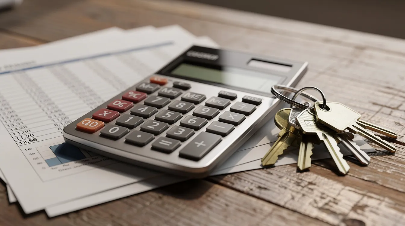 A close-up view of a calculator resting on a wooden desk, surrounded by a set of house keys and printed financial documents, highlighting the financial considerations important for Illinois real estate investors, such as debt service coverage ratio and rental income potential. This scene emphasizes the tools needed for managing property cash flow and assessing investment opportunities in the Illinois rental markets.