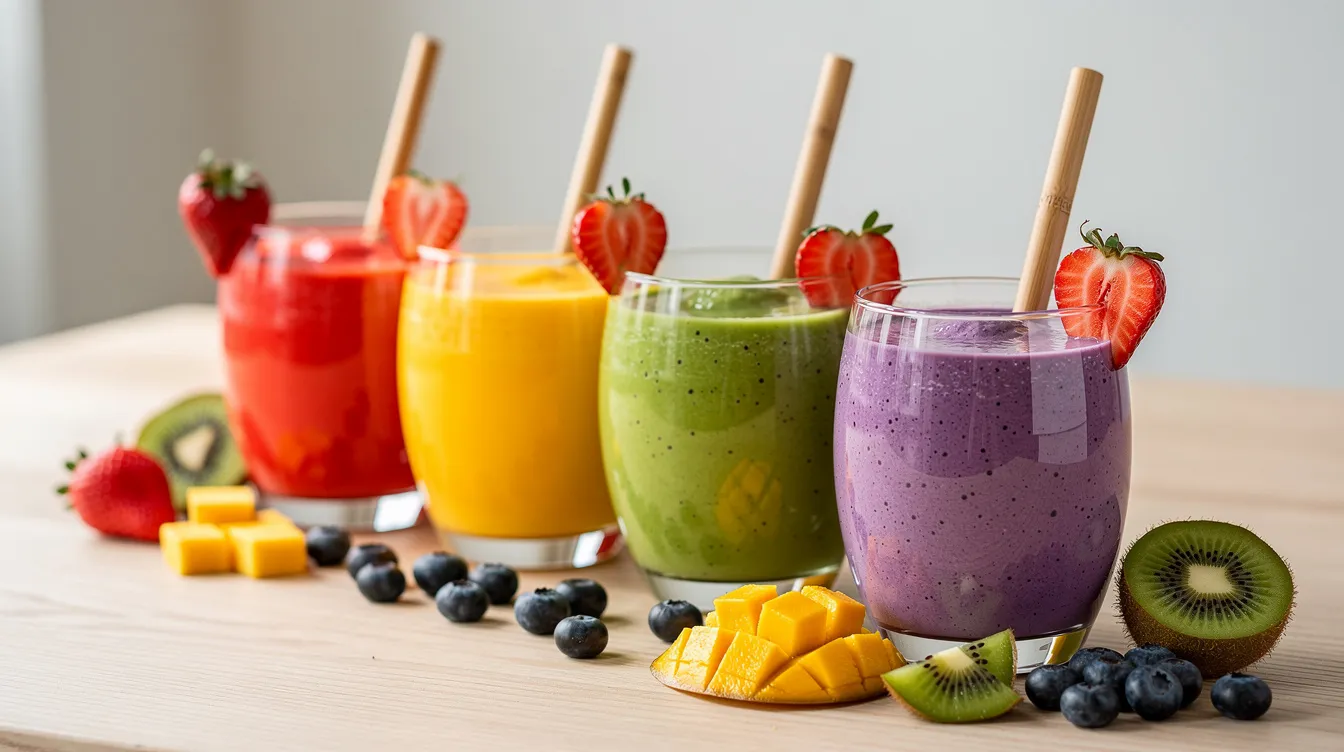 Un grupo de vasos transparentes contiene smoothies coloridos, decorados con rebanadas de frutas frescas y acompañados de pajitas de bambú, ideales para ofrecer en una cafetería. Esta bebida saludable y vibrante puede atraer a los clientes como una excelente opción para el desayuno o un refresco durante el día.