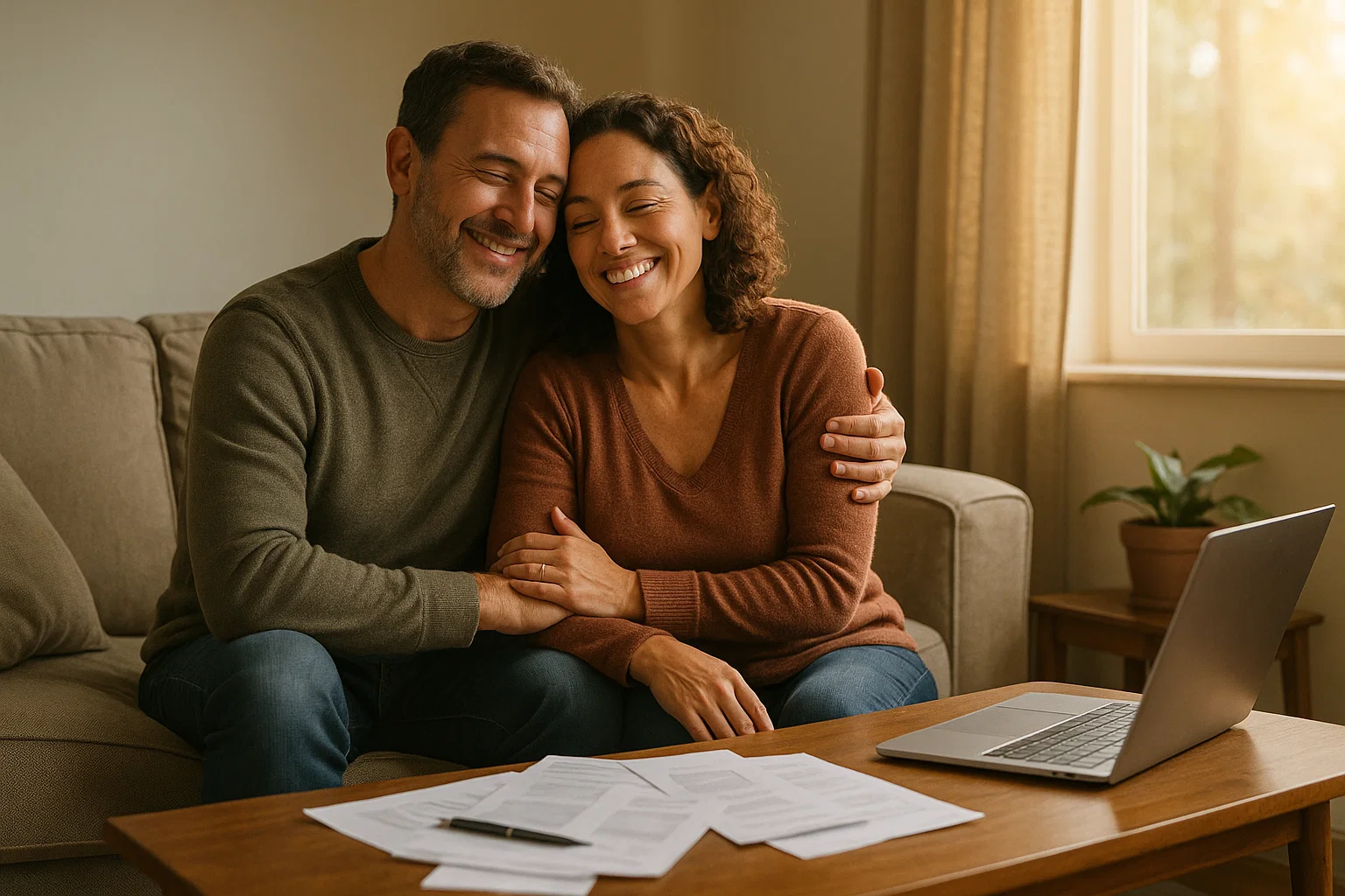Relieved couple at home feeling reassured after gaining financial protection through an IVA.