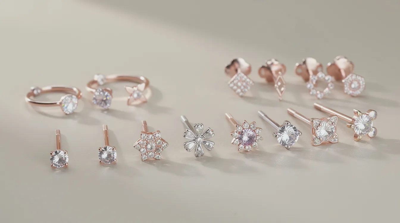 The image showcases a collection of elegant nose studs featuring sparkling cubic zirconia, designed for various styles and tastes. These nose rings, available in both silver and yellow gold options, highlight the brilliance of the synthetic gemstone, making them a popular choice for jewellery lovers.