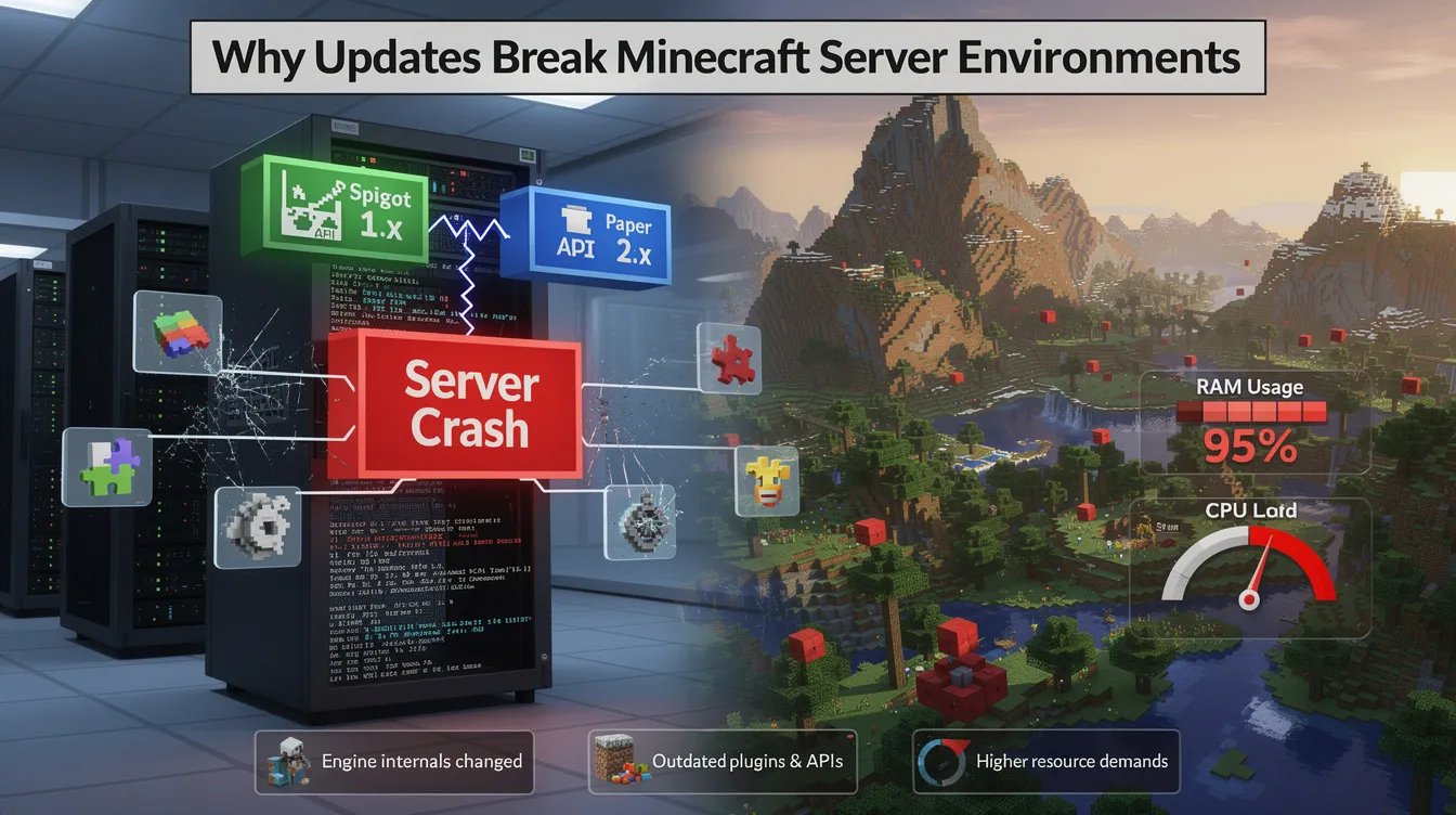 The image illustrates the complexities of maintaining a Minecraft server during updates, highlighting how changes in the game engine can lead to broken plugins and performance issues. It emphasizes the importance of server admins reading patch notes and upgrading their server settings to prevent crashes and ensure stability after a new version is released.