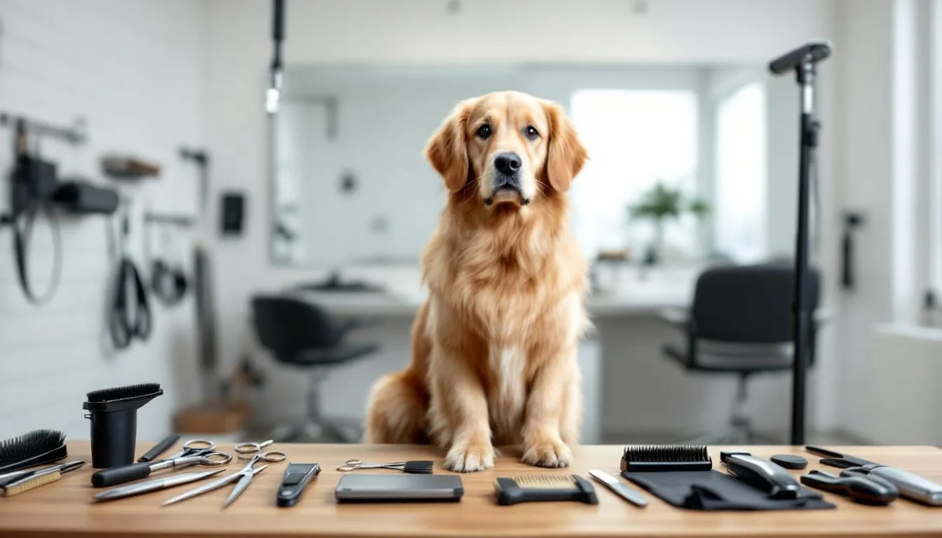 In a professional grooming salon, a goldendoodle is receiving a teddy bear cut, showcasing its curly coat and rounded face. Various grooming tools, including a slicker brush and metal comb, are neatly arranged nearby, emphasizing the grooming process aimed at achieving a plush appearance while preventing matting.