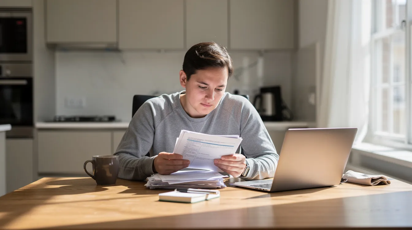 A person is sitting at a kitchen table, reviewing paperwork with a laptop open beside them, likely assessing financial documents related to their current home and exploring options for bridge loans to facilitate a new home purchase. The scene suggests a focus on understanding mortgage payments and the implications of selling their current property while managing two mortgage payments.
