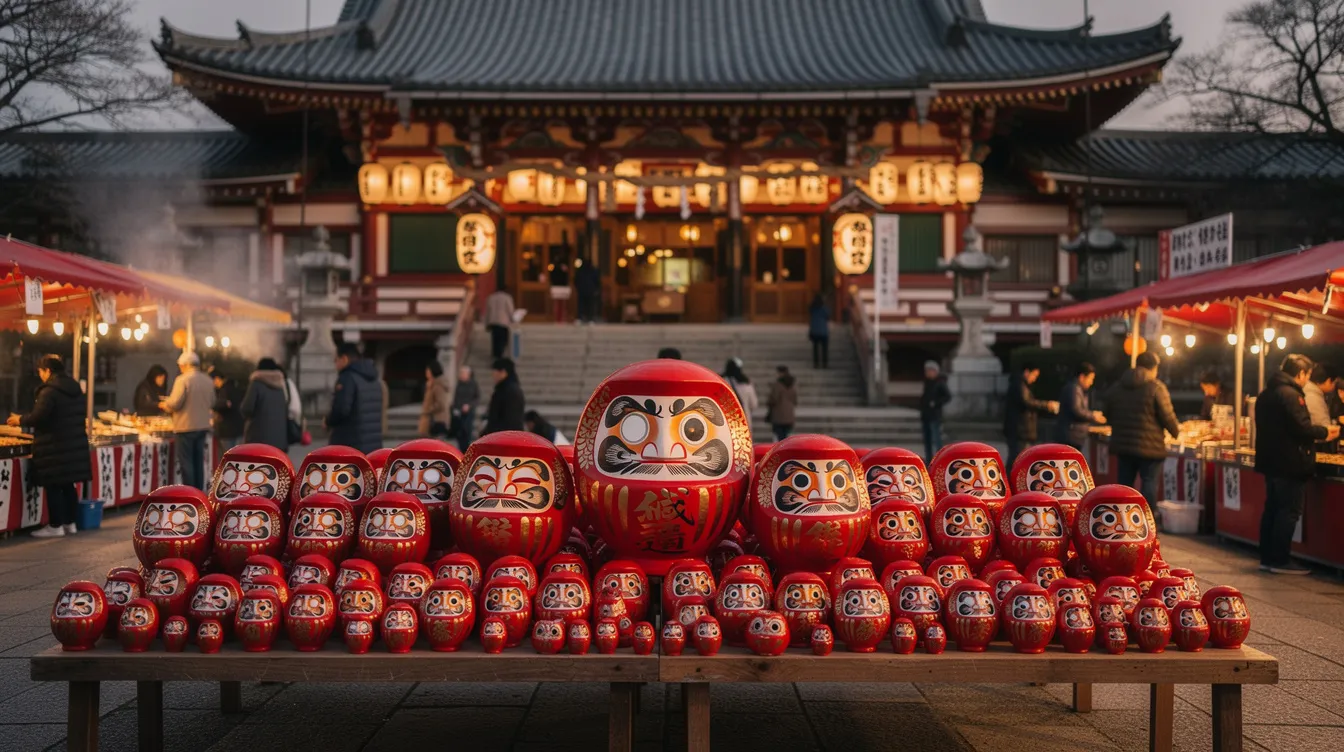 The image depicts a vibrant Japanese temple market scene filled with rows of bright red daruma dolls displayed on wooden tables, symbolizing good luck and perseverance in Japanese culture. The daruma dolls, known for their rounded shape and blank eyes, are traditional crafts often associated with Zen Buddhism and are popular good fortune charms during the New Year.