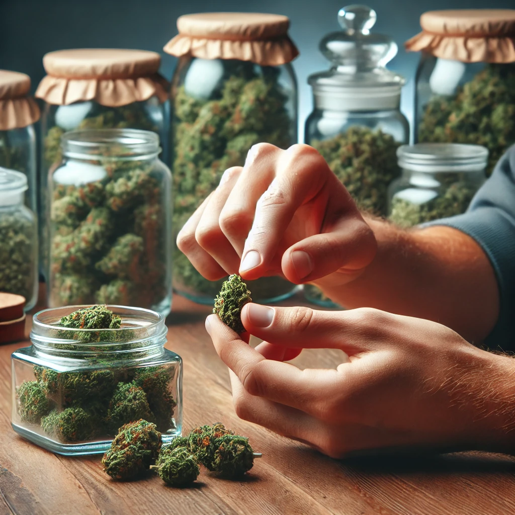 A person carefully inspecting cannabis buds for signs of freshness, using their fingers to check the texture, with jars of weed in the background highlighting proper storage.