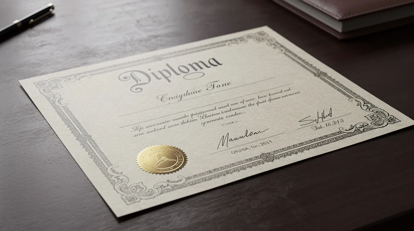 The image features a printed diploma, an official document that represents academic credentials, highlighting the graduate's achievement in completing their degree. It includes details such as the university's seal, the title of the degree, and the signature of an authority, symbolizing a significant milestone in the student's future workforce opportunities.