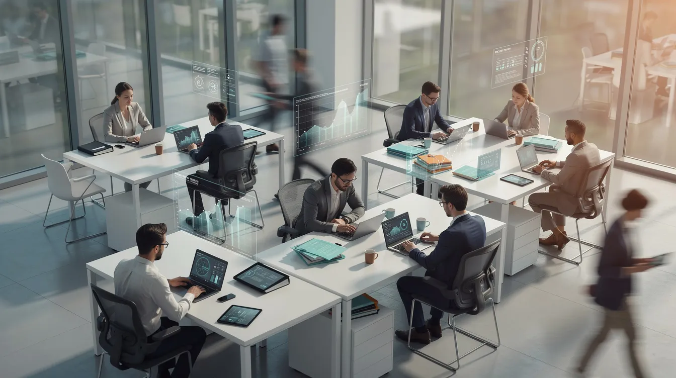 The image depicts an abstract office workspace filled with diverse individuals engaged in using laptops and digital devices, embodying a collaborative environment. This setting highlights the use of AI tools and automation technologies, suggesting a focus on building and deploying intelligent agents for complex tasks and business processes.