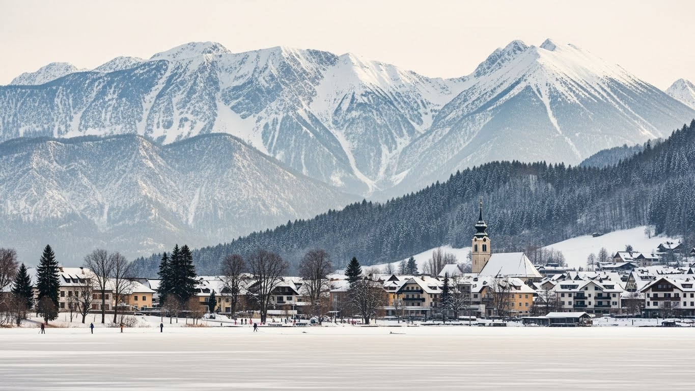Winter landscape in Slovenia with snow-covered Julian Alps, a frozen lake, and a quiet town, showing a calm and scenic European winter atmosphere.