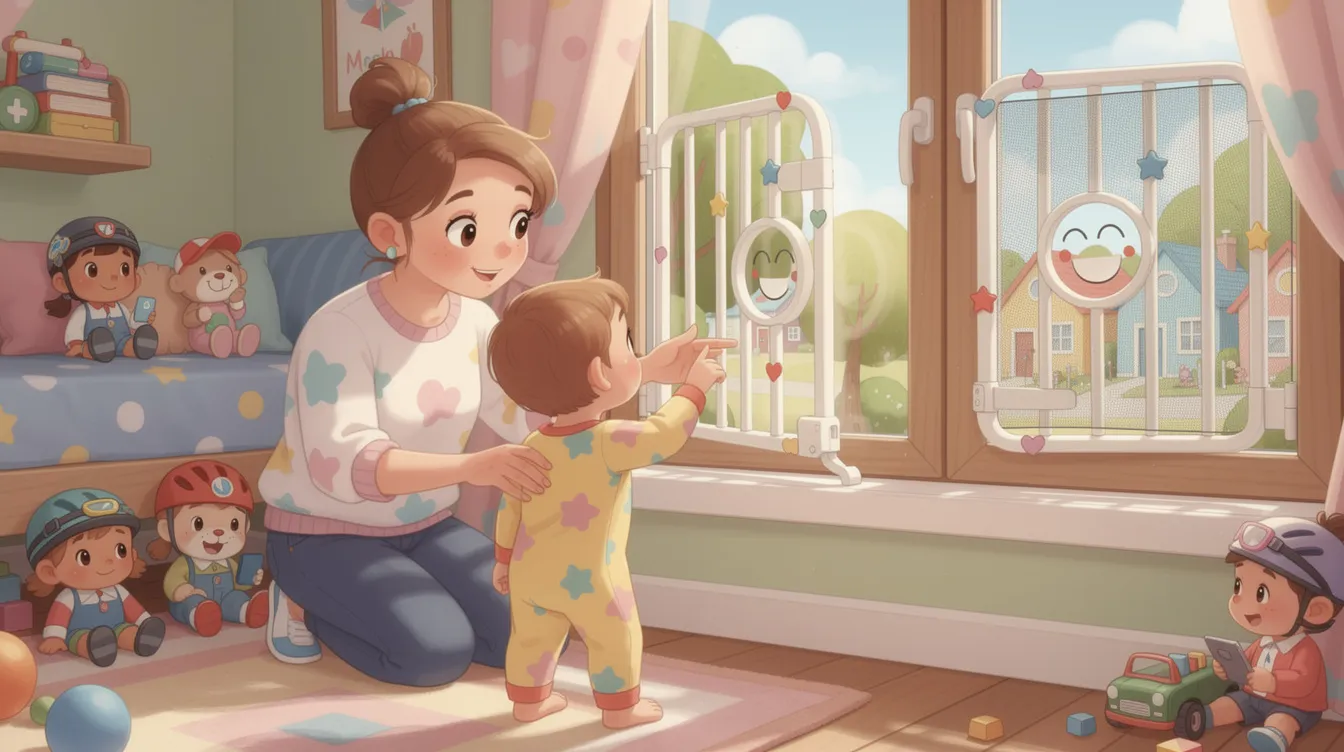 Window safety measures including guards and screens for child-proofing.