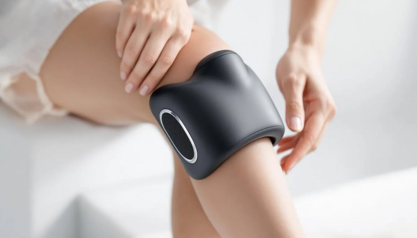A cordless knee massager in use, providing relief for knee pain.