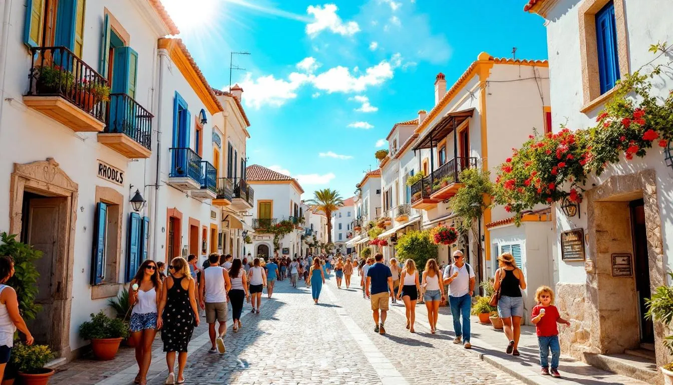 Centrum miasta Rodos z ulicą rycerską, pełne turystów.