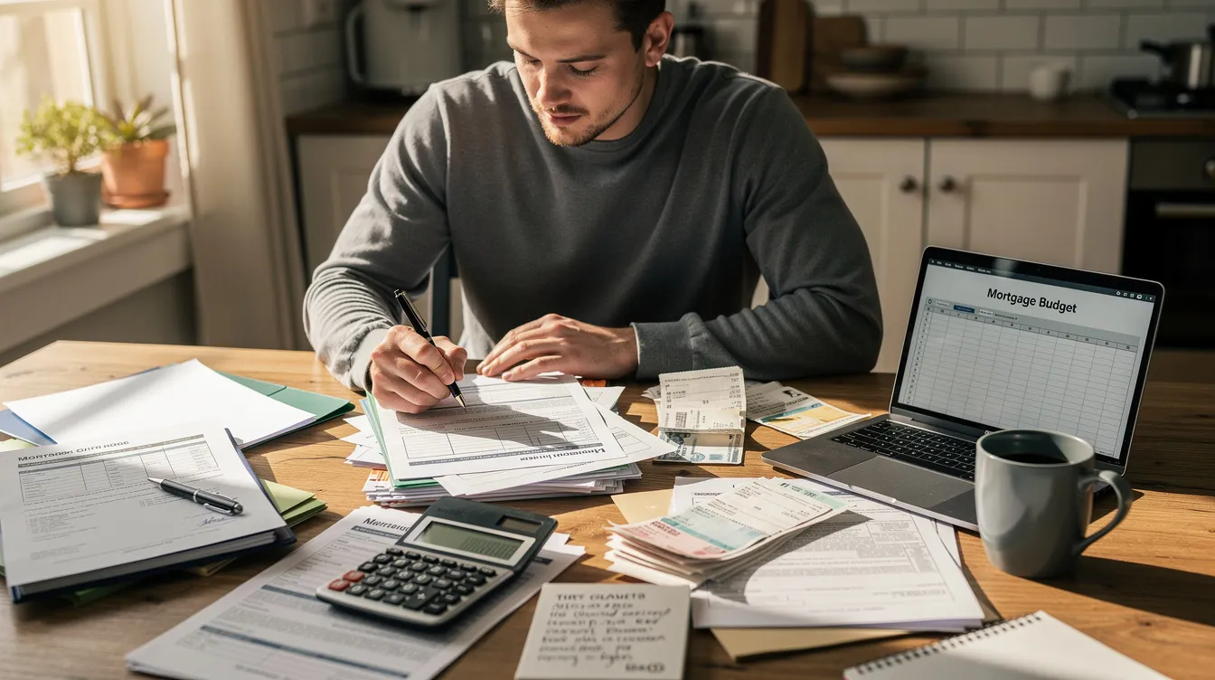 A person is seated at a kitchen table, meticulously reviewing various mortgage documents and financial paperwork, which include details about home equity lines and potential debt consolidation options. The spread of papers suggests they are evaluating their financial situation, possibly for a home equity loan or to understand their available equity for future investments.