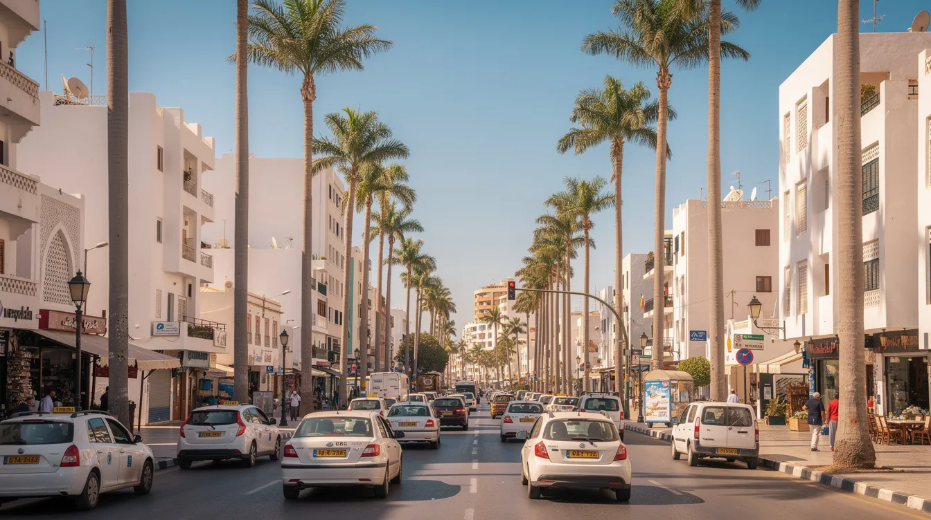Una calle típica del centro de Agadir muestra tráfico moderado, flanqueada por palmeras y edificios blancos que reflejan la arquitectura local. Este entorno es ideal para quienes buscan información sobre el alquiler de coches en Agadir, facilitando la movilidad para explorar la ciudad y sus playas.
