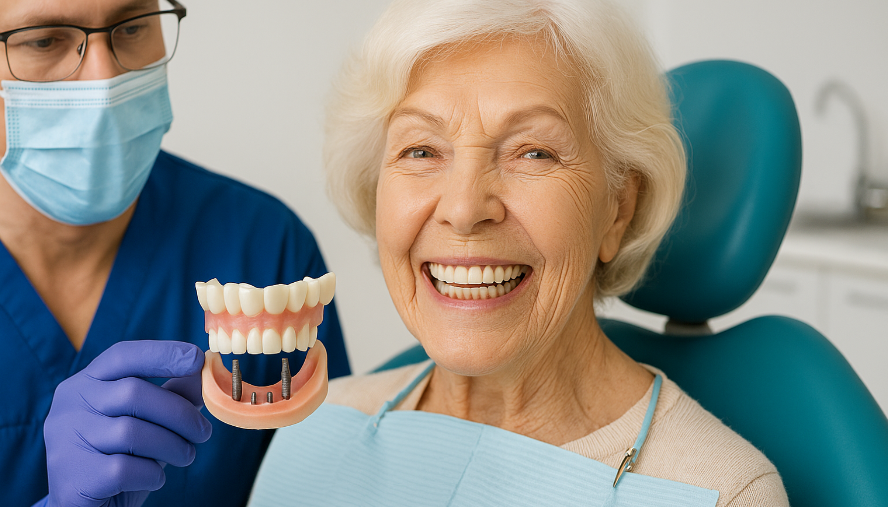 All-on-4: Tannløsningen Som Forandrer Livet Ditt På Én Dag 14 Eldre kvinne smiler bredt i tannlegestol mens tannlege viser implantatmodell, illustrerer All-on-4 behandling med nye tenner.