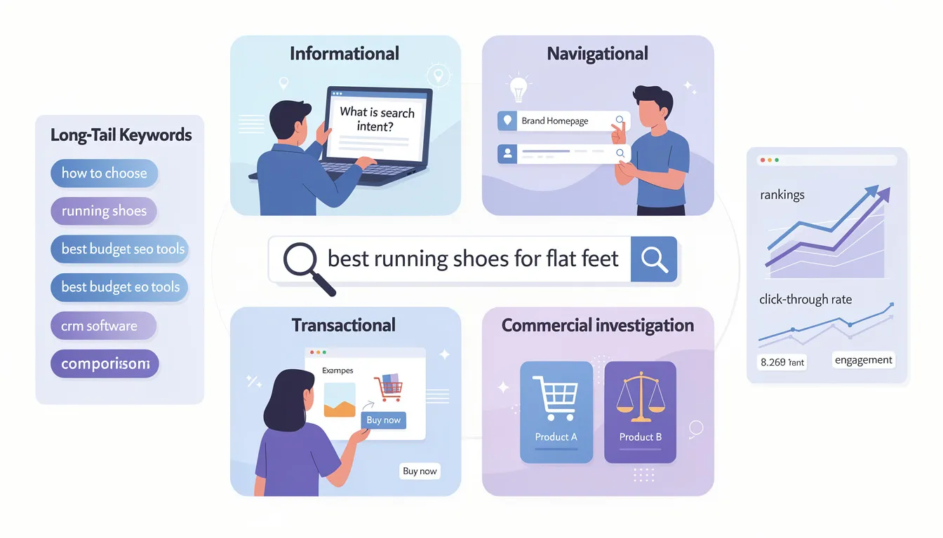 The image illustrates the concept of search intent in relation to SEO, showcasing various categories such as informational, transactional, navigational, and commercial investigation. It emphasizes the importance of optimizing content with relevant keywords and aligning it with users' queries to enhance search engine rankings and attract a targeted audience.