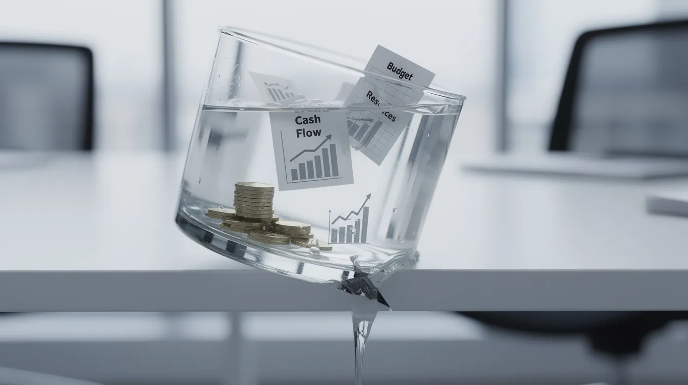 The image depicts water draining from a glass container, symbolizing the diminishing resources of a business, highlighting the cash flow challenges many small business owners face. This visual metaphor reflects the struggles with merchant cash advance debt and the impact of high interest rates on future sales and business sustainability.