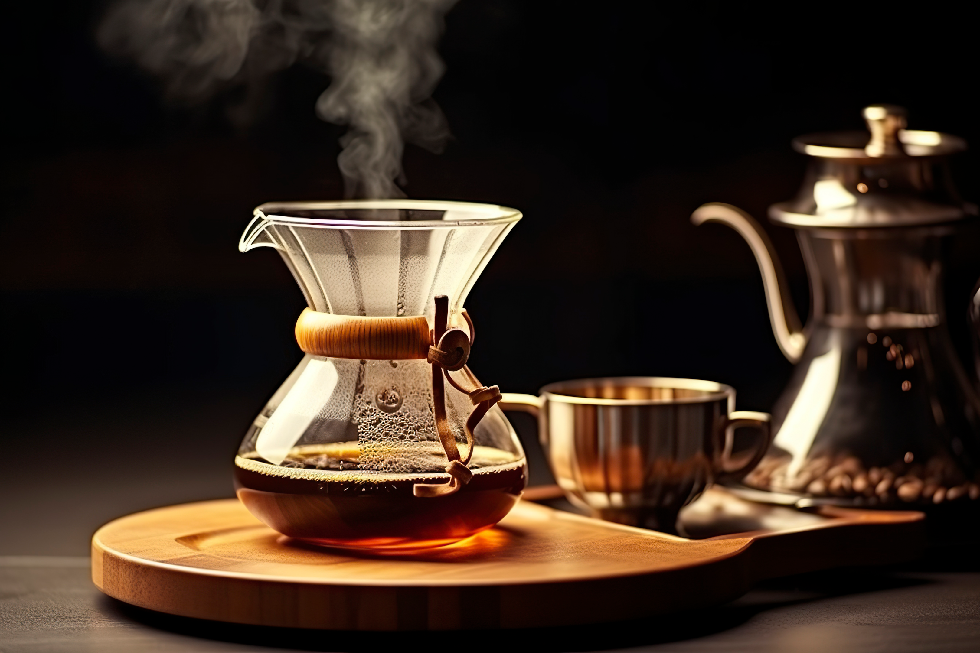 glass coffee pot on wooden tray