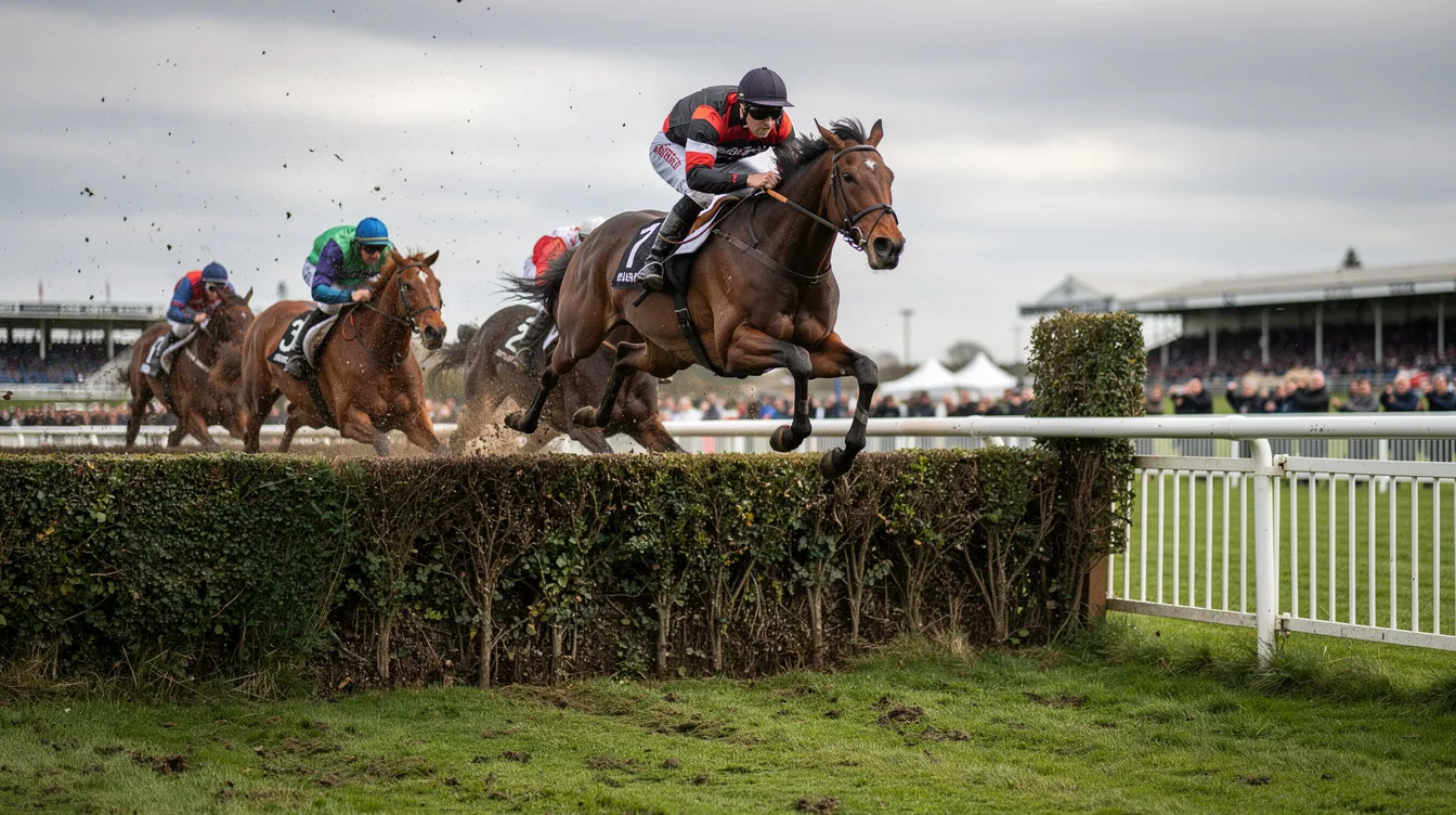 The image depicts a thrilling moment at a British racecourse where horses are gracefully leaping over fences during a steeplechase race, capturing the excitement of horse racing. Spectators can be seen in the background, cheering as these majestic animals compete, reminiscent of the grand national betting atmosphere.