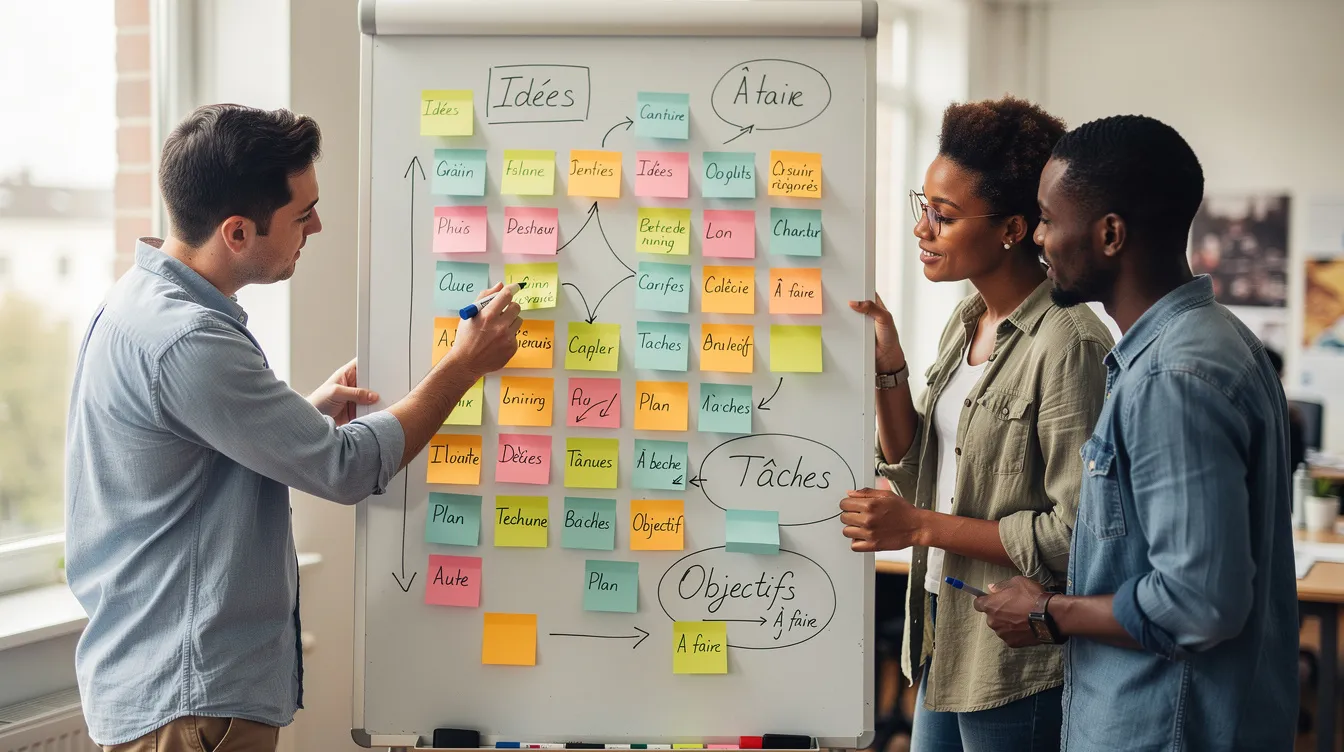 A small team brainstorms around a whiteboard covered in sticky notes.