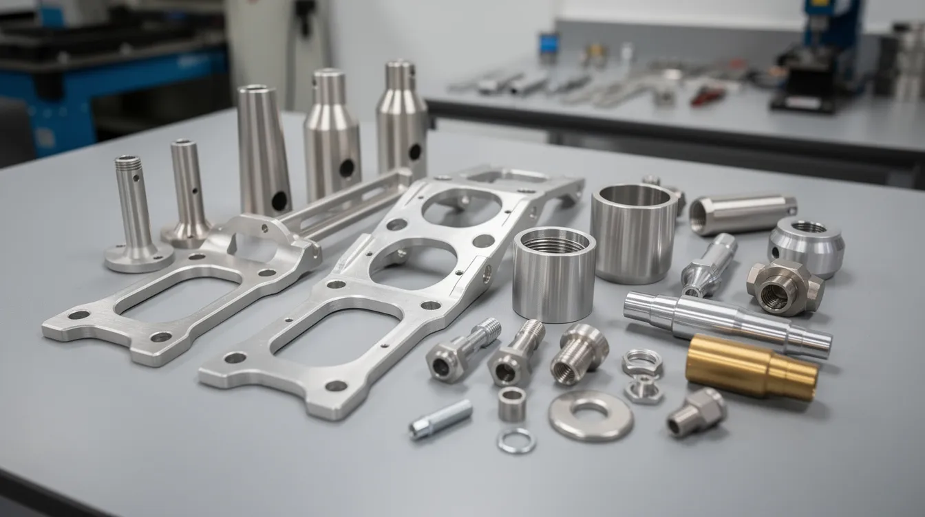 The image features an assortment of precision CNC machined metal parts, including aerospace brackets and cylindrical medical components, meticulously arranged on a clean workbench, showcasing the high precision and complex machining operations typical in the manufacturing industry. These components reflect the advanced capabilities of CNC technology and machine tools used in modern manufacturing processes.