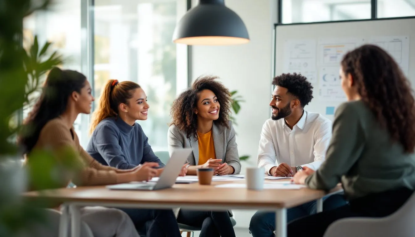 A diverse group of professionals is engaged in a team meeting in a modern office, discussing collaborative strategies for architecture and construction projects. The atmosphere reflects a blend of creativity and technical skills, essential for developing plans that adhere to building codes and zoning regulations.