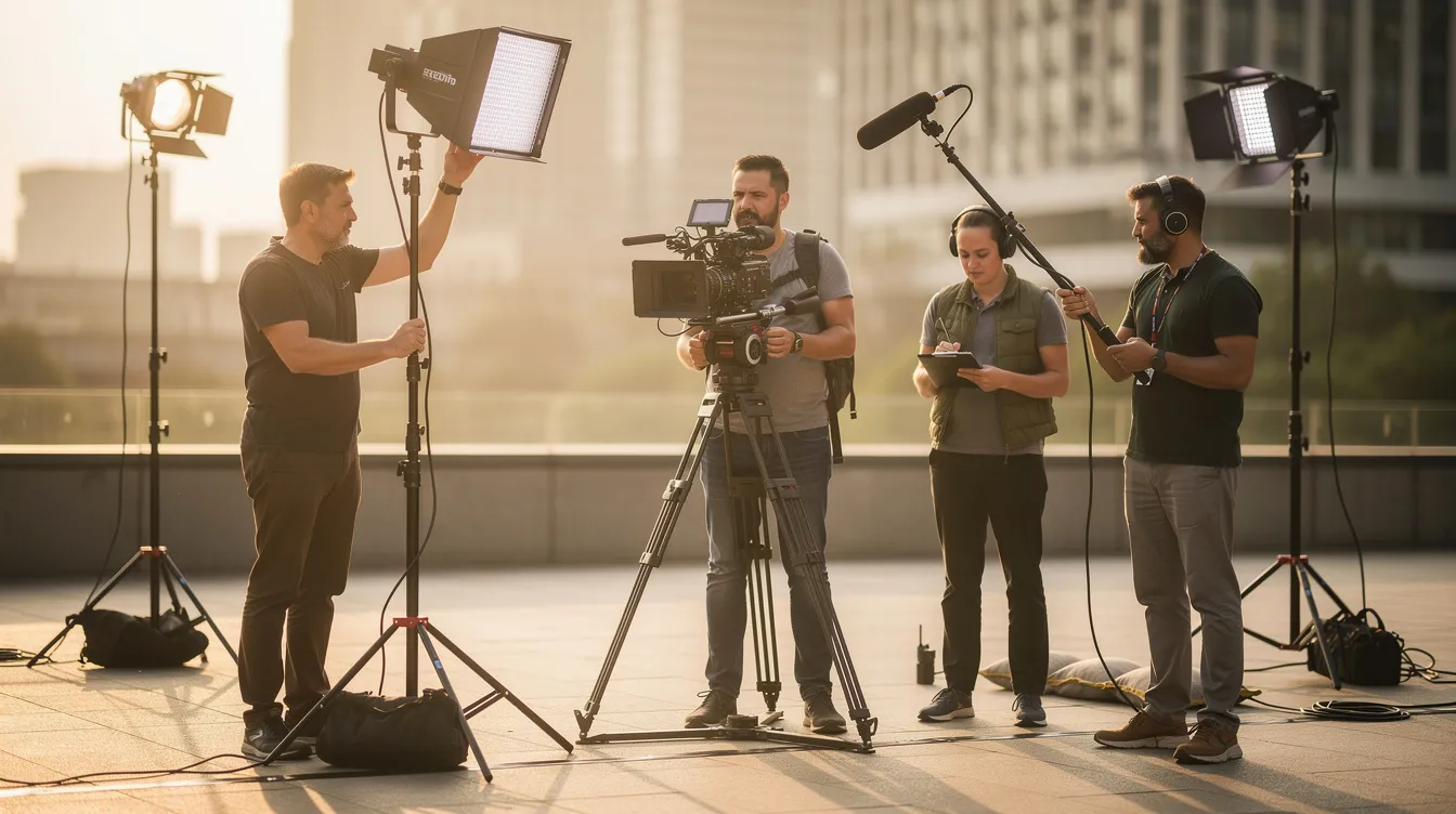 A video production team is set up on location, surrounded by professional lighting equipment as they prepare to create video ads. The atmosphere is focused and energetic, with team members collaborating to deliver engaging video content that will capture the viewer's attention on social media platforms.