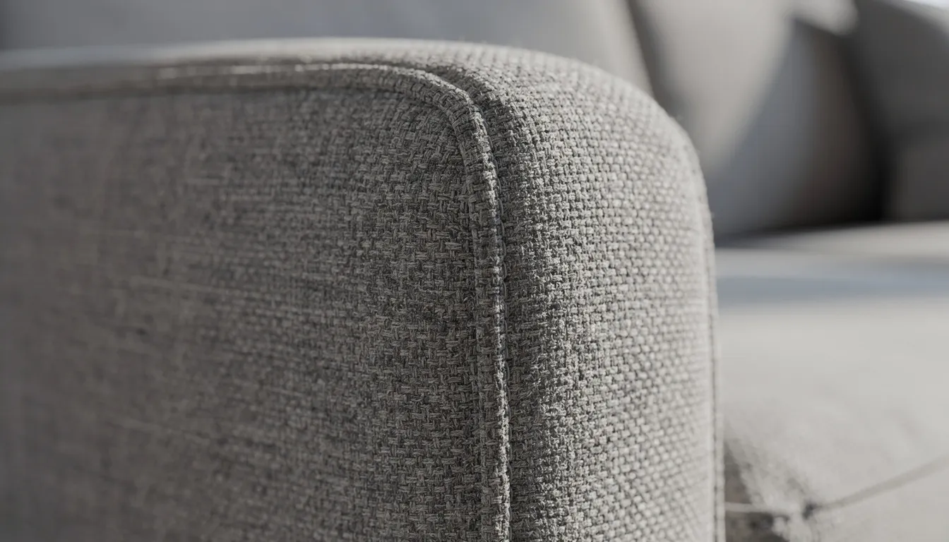 Närbild av en soffarmstöd i grått tyg som visar en fin vävstruktur och kvalitetsstygn. Tyget ger en känsla av komfort och stil, vilket gör soffan till ett utmärkt val för ett bekvämt vardagsrum.