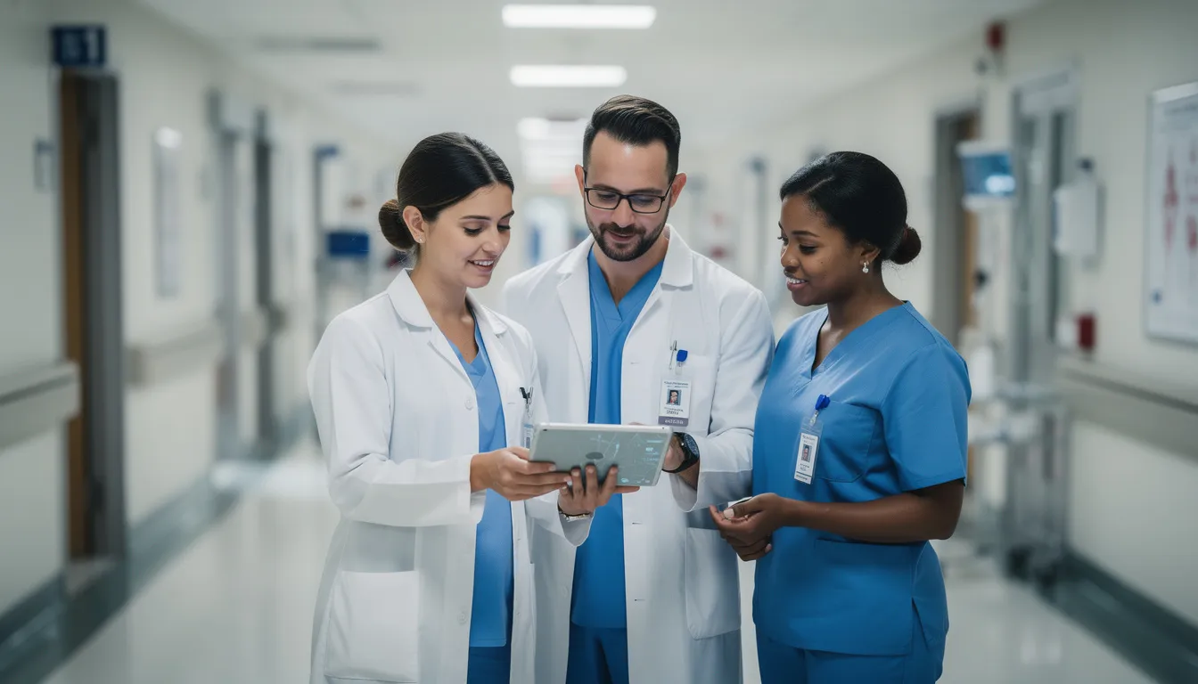 A group of medical professionals in a hospital corridor are engaged in a discussion while reviewing patient information on a tablet device, emphasizing their commitment to effective patient care and compliance with healthcare regulations. This scene highlights the importance of risk management and regulatory compliance in healthcare organizations as they navigate the complexities of patient data and operational risk.