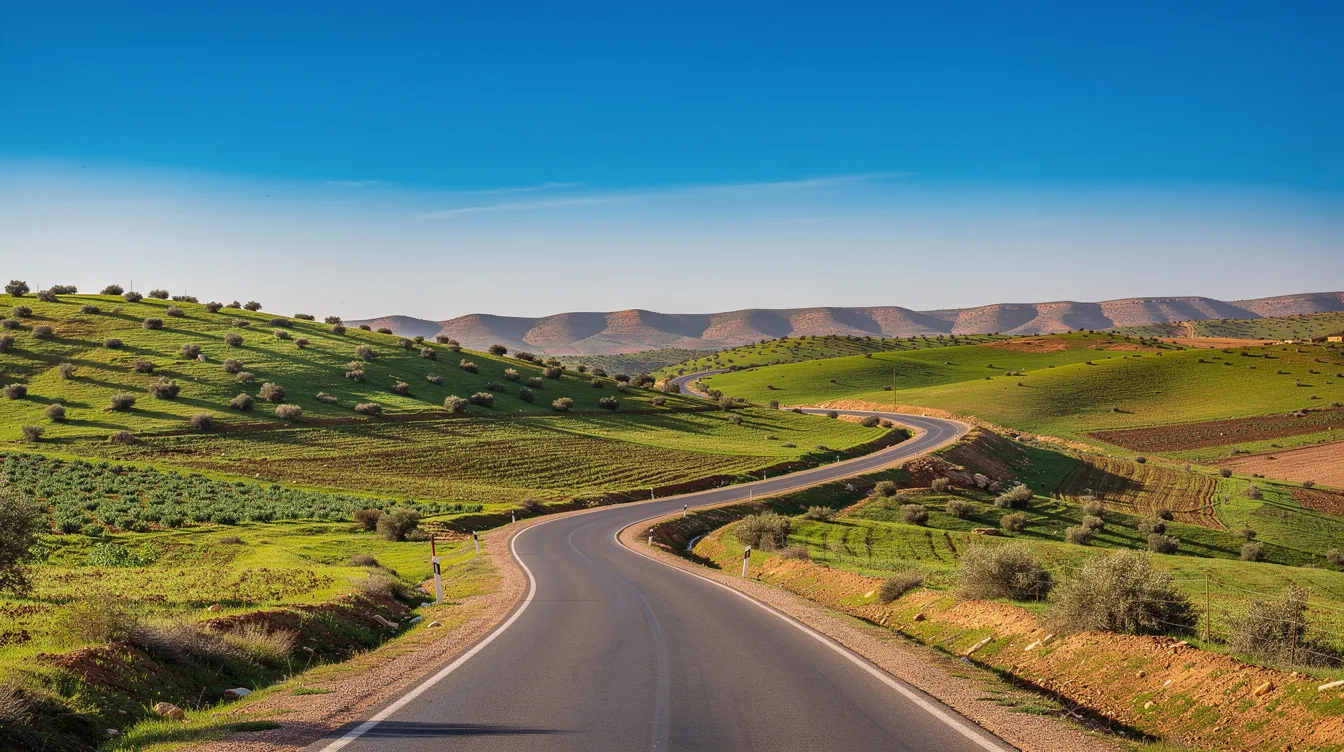 طريق فيها الدورات وسط منظر خضر وفيه الجبيلات ف شرق المغرب.
