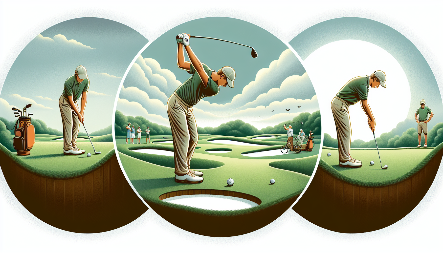 Illustration of a golfer practicing various golfing skills