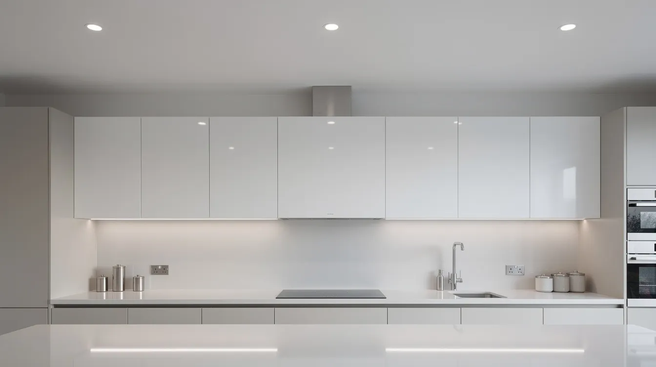 Een strakke keuken met moderne led verlichting, waaronder led spots in het plafond en led strips onder de bovenkastjes, zorgt voor een helder licht dat het werkblad gelijkmatig verlicht. Deze functionele verlichting biedt voldoende lumen per vierkante meter voor optimale zichtbaarheid en bevordert de concentratie tijdens het koken.