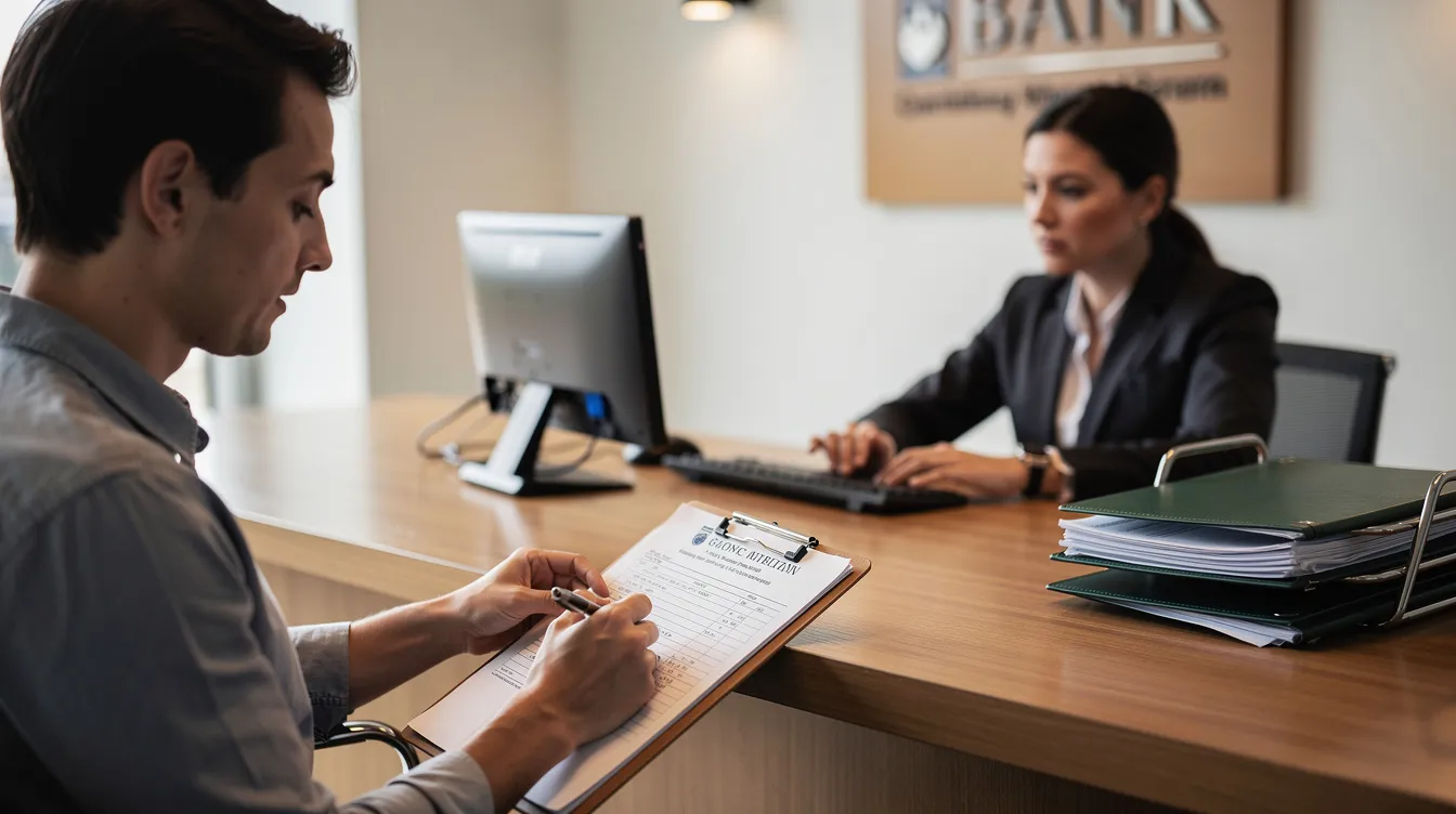 db7c71f6 648c 42ec a308 85360ea0b854 A person is seated at a bank desk, filling out a loan application form while a bank officer assists them across the table. The scene reflects the application process for financial assistance, possibly related to mudra loans aimed at supporting small businesses and micro enterprises.